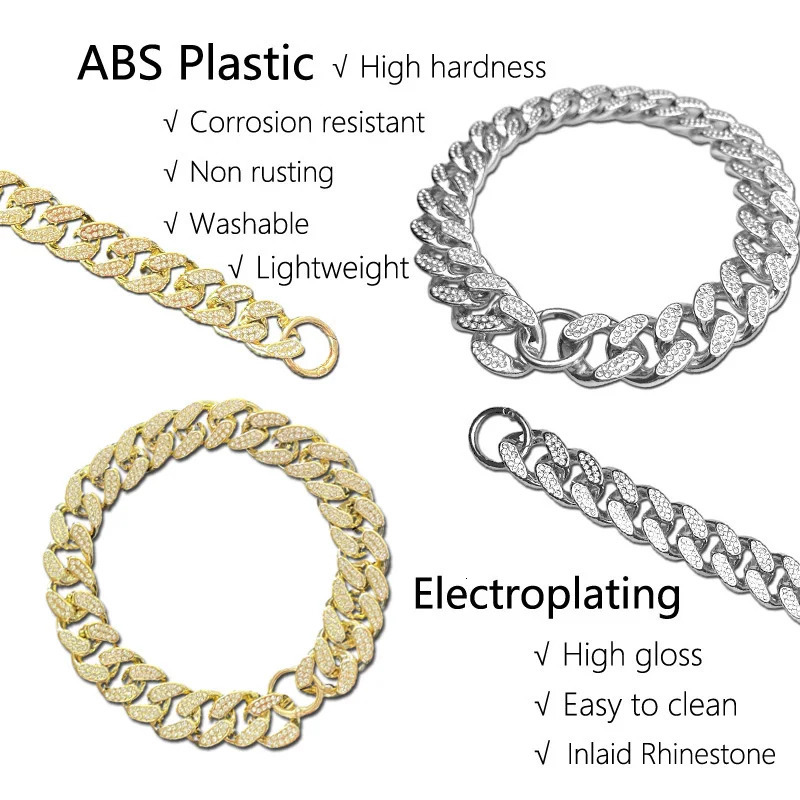 ABS Plastic Dog Collar Chain Diamond Inlay Sparkle Bulldog Necklace Cat Collars Pet Accessories Small Medium Large Dogs Golden 250614