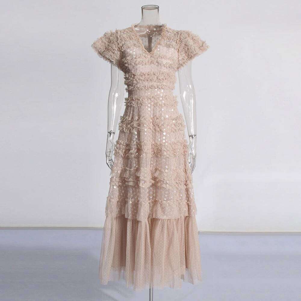 Designer Clothing 2025 Solid Spliced Lace Casual Dress For Women V Neck Short Sleeve High Waist Patchwork Mesh Elegant Dresses Female New