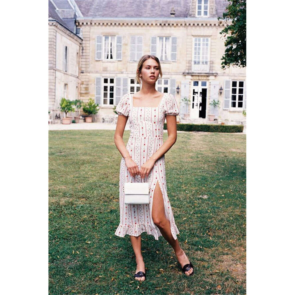 Beach Dress Dresses for Woman Designer Summer Dresses N326with Square Neck Chiffon Printed Mid-length Dress 2025 Summer French Style Womens Fashion