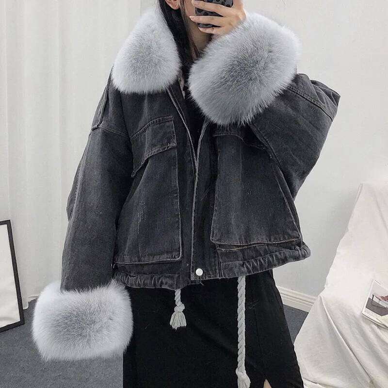 Outerwear Winter Warm Big fur collarPlus Veet Thick Korean Style Removable Loose Denim Women Jacket JK234