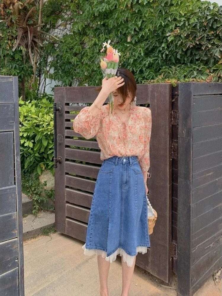 With Slit Lace Splicing Woman Denim Skirt Y2k Vintage Premium New In Streetwear Chic and Elegant Modest Jeans Skirts for Women