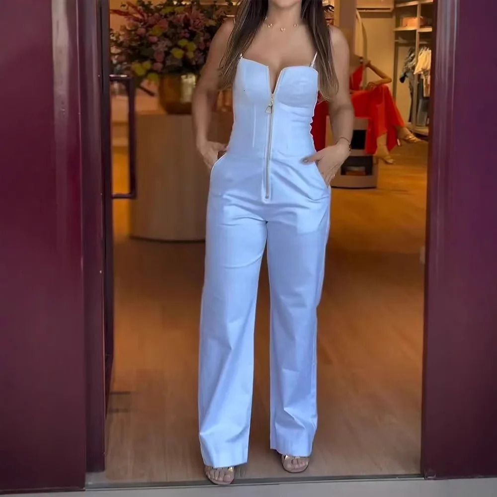 Womens Fashionable High-waist Jumpsuit Office Sexy Zipper Jumpsuit Summer Casual Commuting Solid Color Long Suspender Jumpsuit 250616