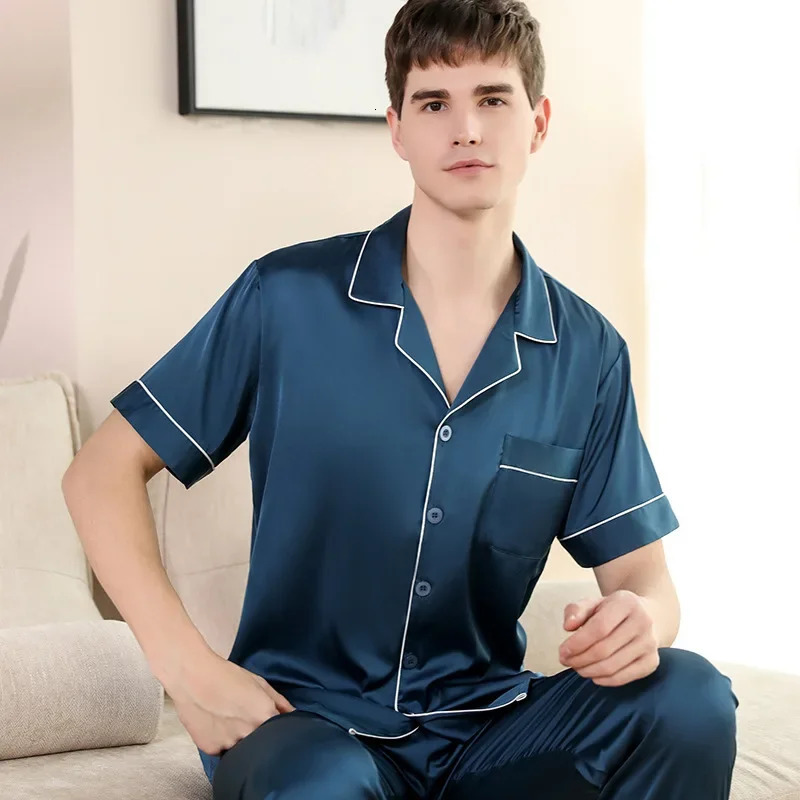 High Qaulity Pajamas Suit Men Summer Shortsleeved Trousers Sleepwear Spring Ice Silk Loungewear Solid Gent 250614
