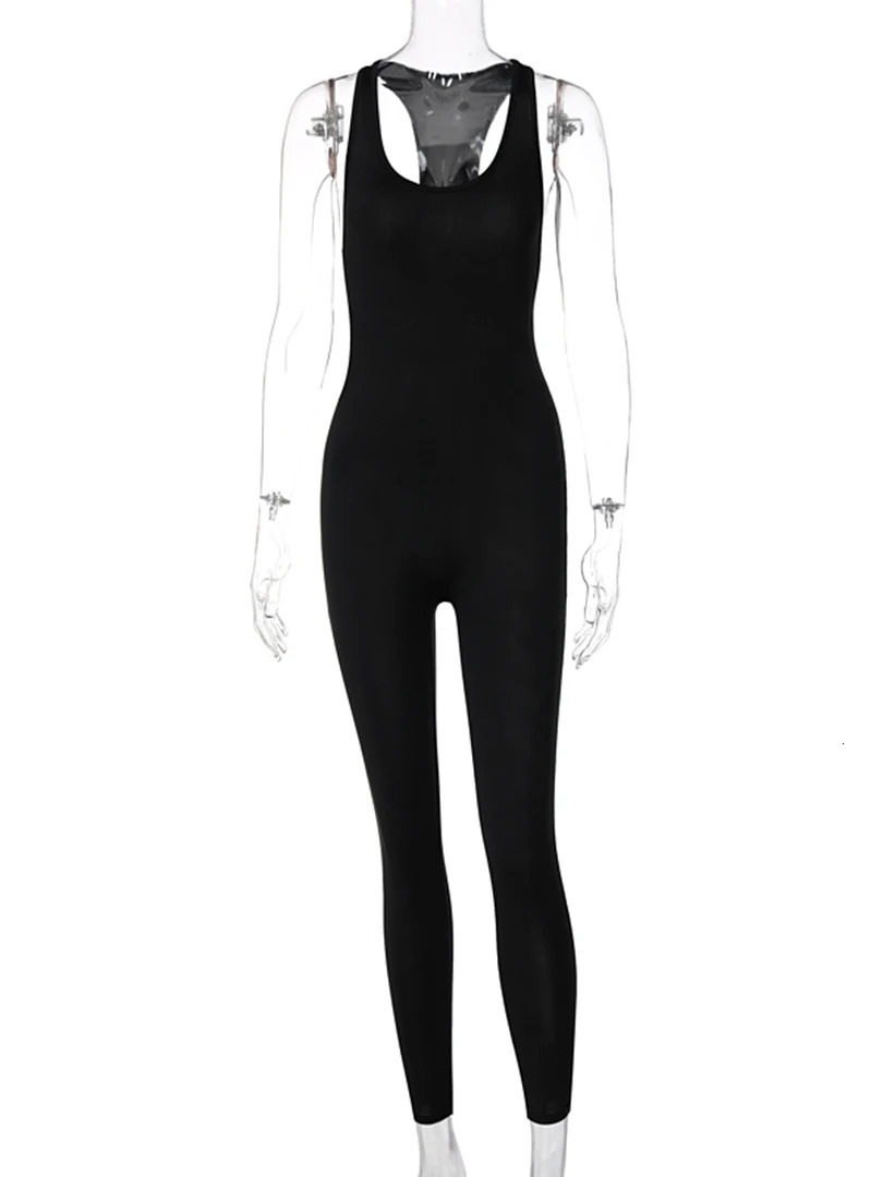 Hugcitar 2025 Sleeveless Hollow Out Solid Bodycon Jumpsuit Summer Women Fashion Streetwear Outfits Romper Sportswear 250616