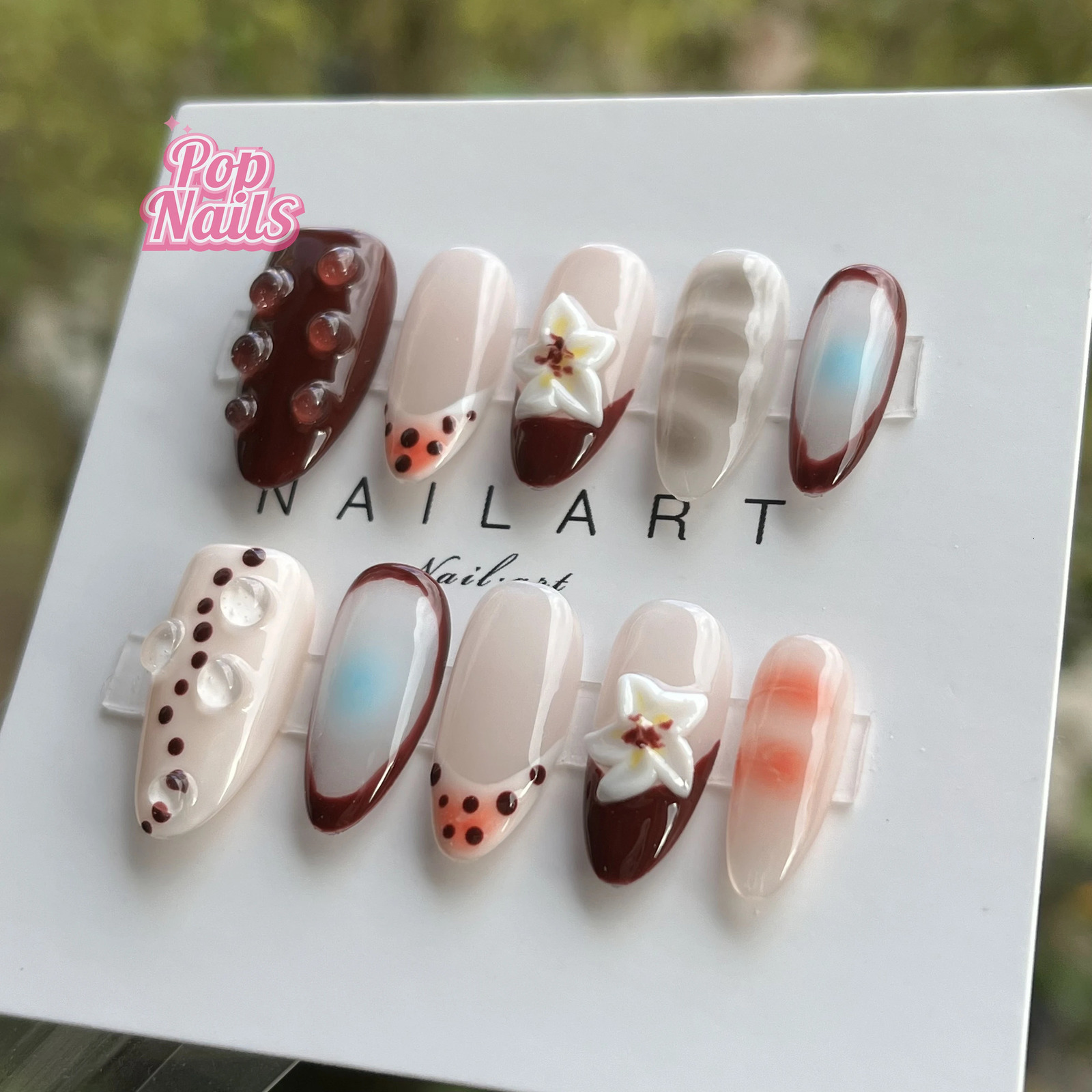 Fall Press on Nails Hand Made Brown 3D Flowers Raindrop Autumn Goth Hand Paint Flower Reusable Short Medium Almond Handmade Nail 250612