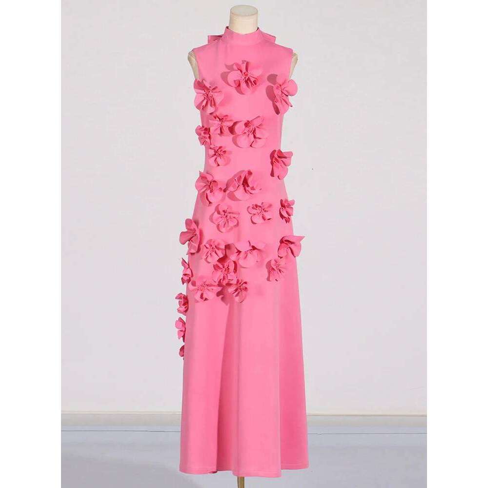 Designer Clothing 2025 Patchwork Appliques Dress For Women Stand Collar Sleeveless High Waist Elegant Spliced Lace Up Dresses Female New