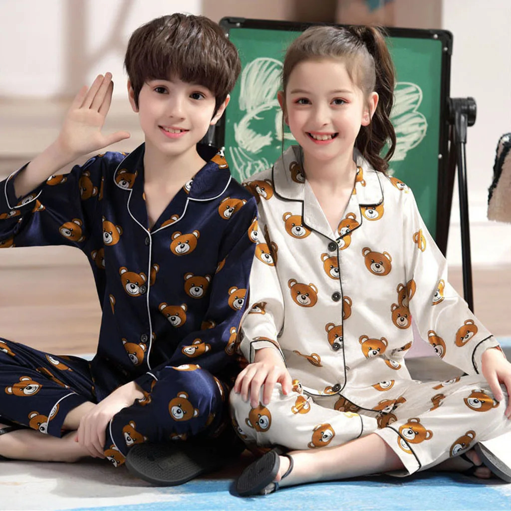 Children Silk Satin Pajamas Set Baby Boys Girls Cartoon Little Bear Tops Trousers 2Pec Spring Autumn Kids Casual Home Sleepwear 250617