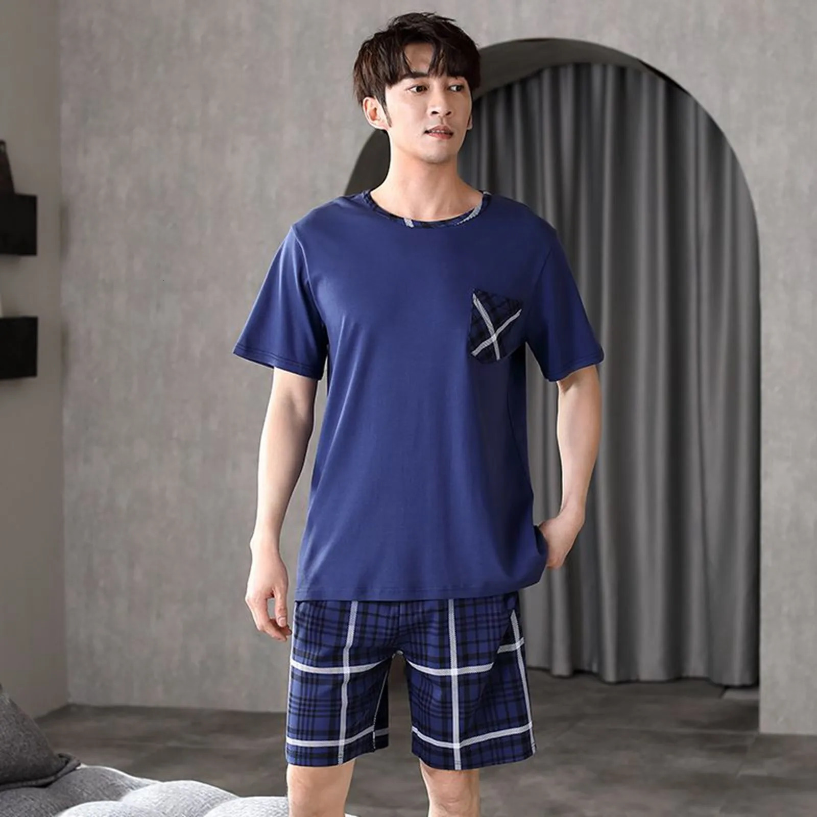 MenS Summer Pajama Suit Short Sleeve Leisure Simple Can Be Worn Outside The Home Pajamas In Set Male Sleeping Wear 250614