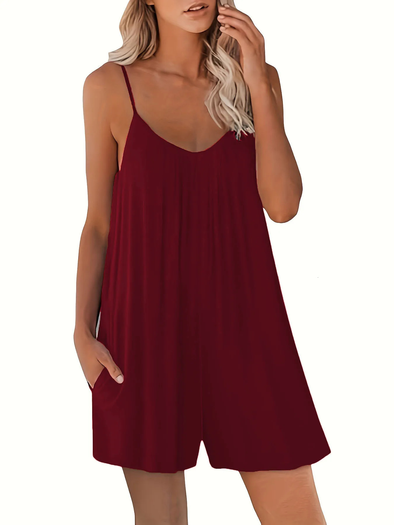 Summer European and American Womens Casual Strap Shorts Solid Round Neck Loose Pocket Jumpsuit 250616