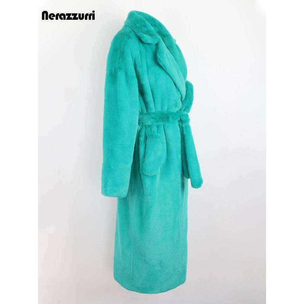 Nerazzurri Winter Long Purple Black Green Fluffy Thick Warm Faux Fur Coat Women Sashes New Arrival 2022 Furry Overcoat