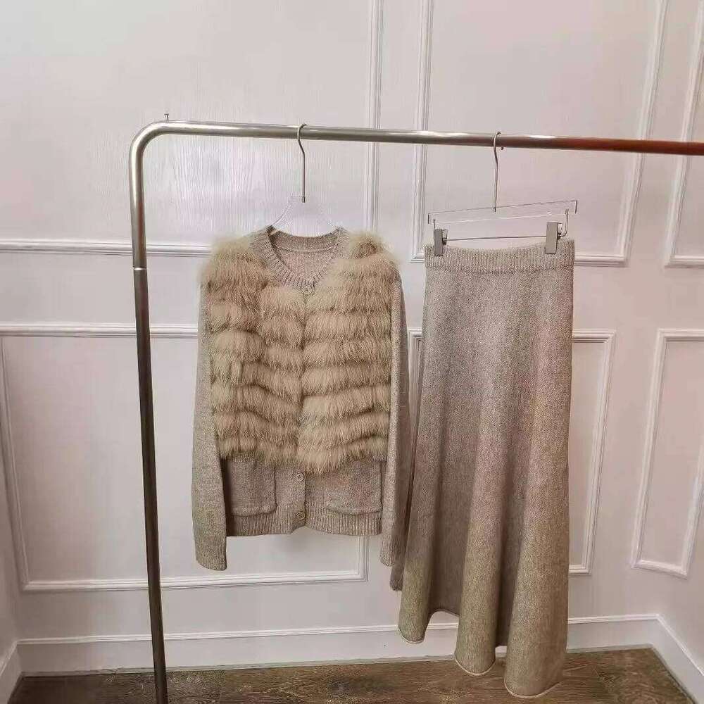 2024 New Spring Autumn Women's Real Fox Fur Knitted Cardigan Coat With Skirt Special Sweater Femeale Suit Long Sleeves