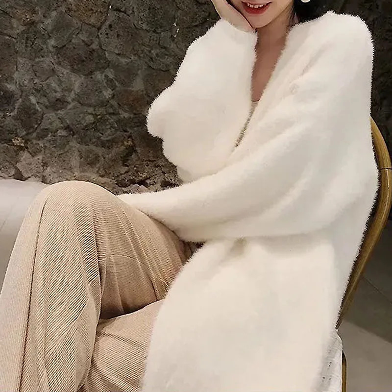 white Long Cardigan for women winter clothes Knitted fluffy long sleeve Cashmere sweater coat clotkorean style warm vintage 250616