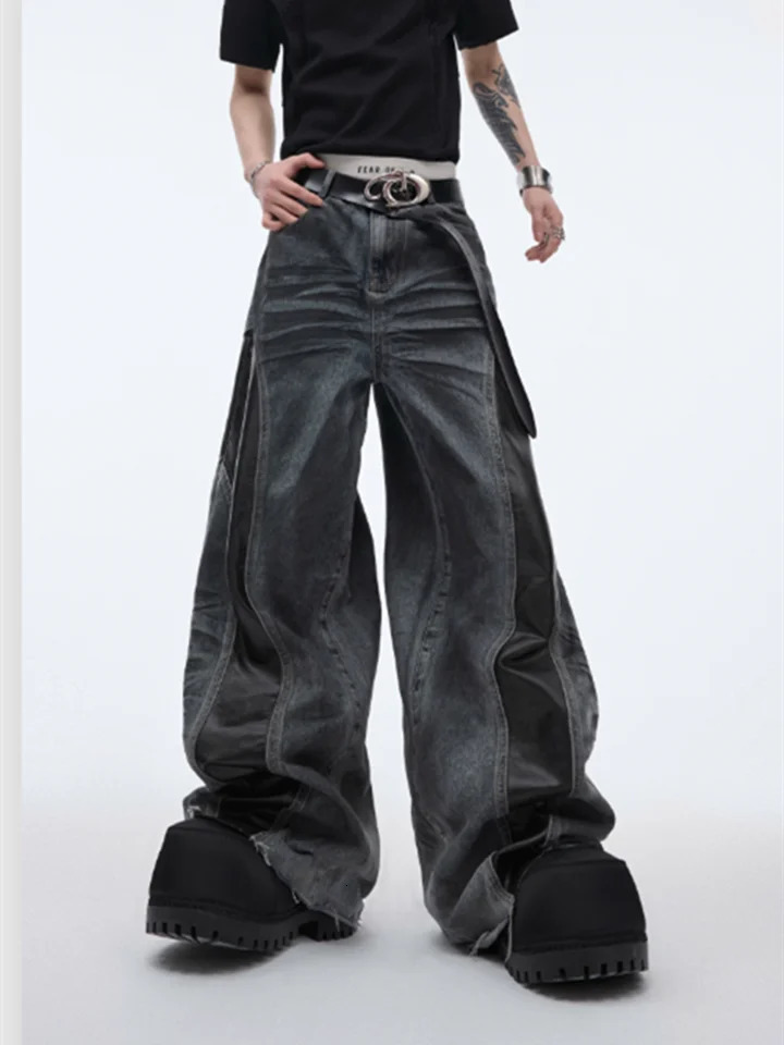 2025 Cyber Y2K Streetwear Black Pu Leather Patchwork Baggy Flare Jeans Pants Men Clothing Washed Black Wide Leg Denim Trousers 250616