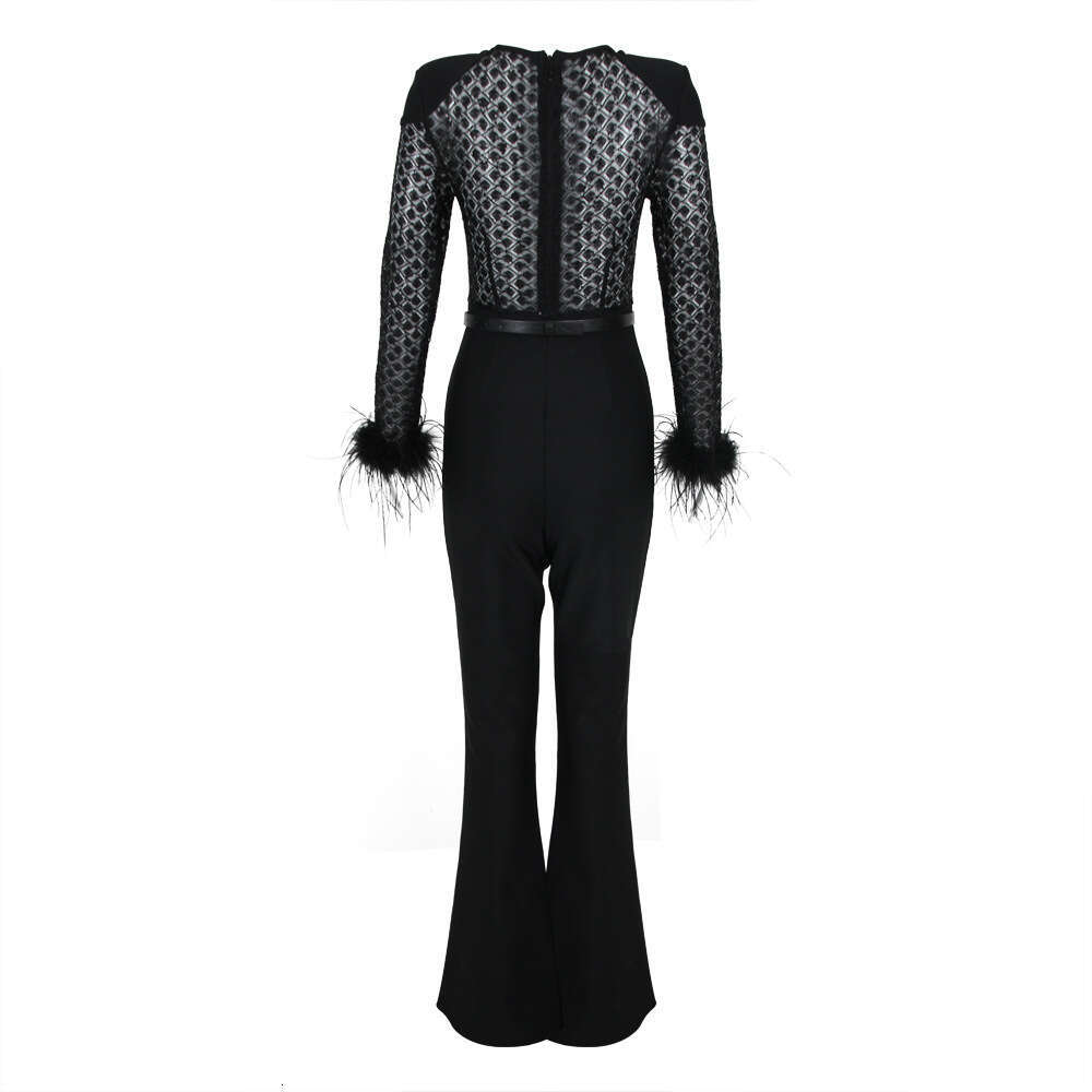 Spring New Fashion Sexy Lace Sequin Feather Bandage Jumpsuit for Women