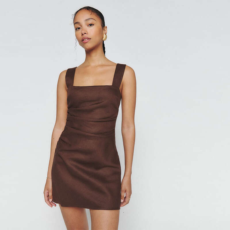 Black Dress Vestidos Elegantes Devise Goth 702 Summer New 2025 Solid Color Square Neck Linen Short Slim Fit Irregular Dress Fashion Simple Women
