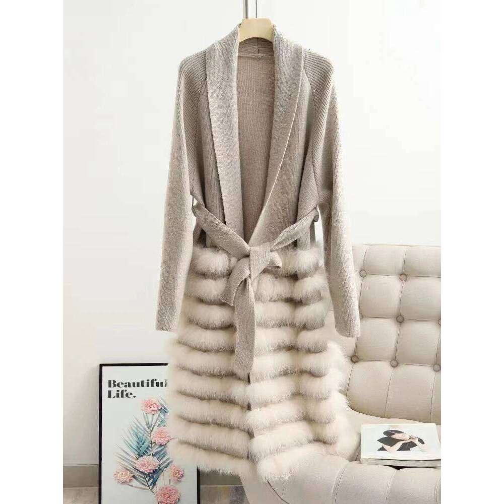 LANMREM Real Fox Fur Casual Loose Knit Sweater With Bandage Women's Cardigan 2024 Winter Warm Clothing 2DB1810