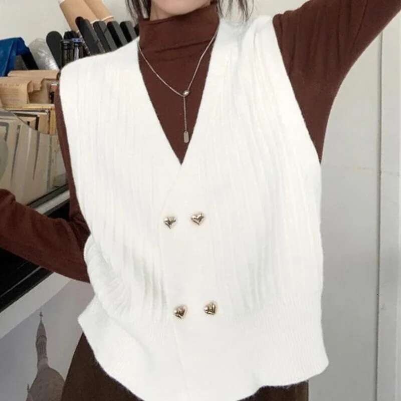 Winter Button Knitted Top for Women Brown V-neck Ladies Sweaters Vest Warm Thermal Blouse Tall Tops Crochet Trend 2025 Jersey