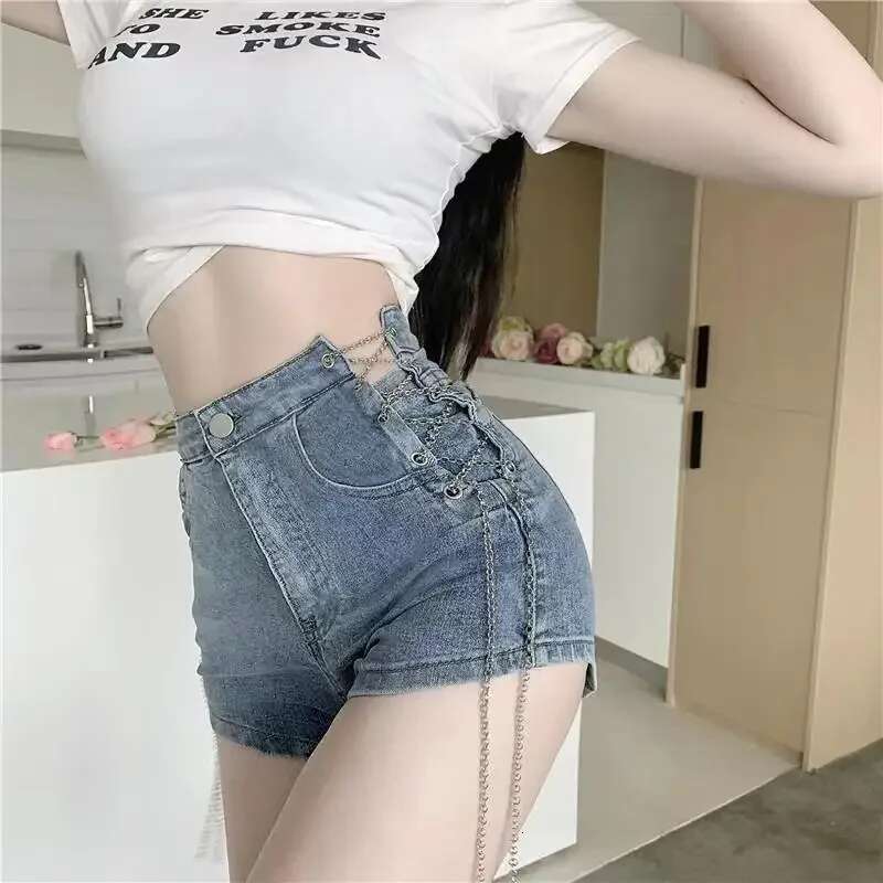 Light Blue With Waist Pocket Short Jean Pants Woman Y2k Vintage Korean Style Harajuku Fashion Trend 2025 Denim Shorts for Women