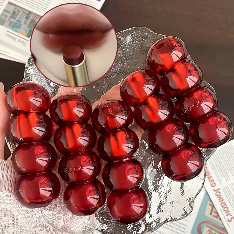 Cute Gourd Shape Matte Lipstick Smoked Brown Red Solid Gloss Waterproof Long Lasting Tinted Balm Velvet Lip Makeup Pen happy