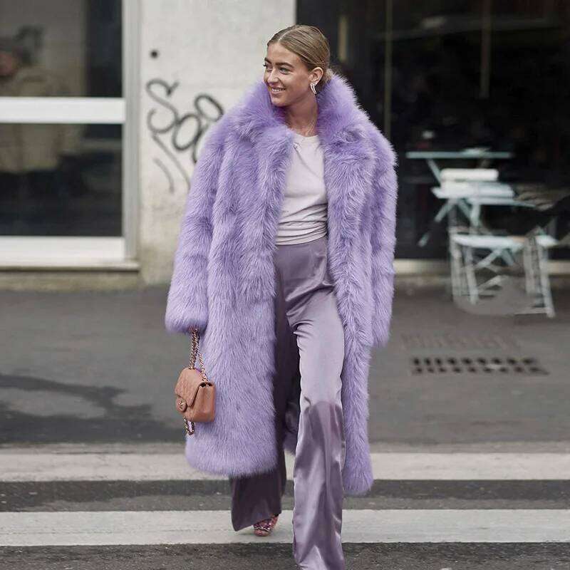 Oversized Winter Faux Coat Women Loose Lapel Long Jacket Teddy Warm Female Plush Purple Fur OverCoat Outerwear