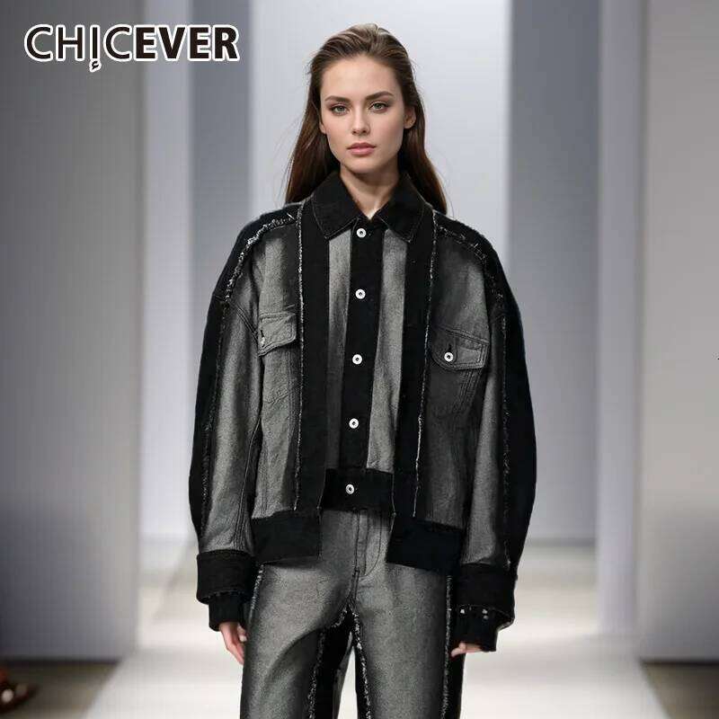 CHICEVER Hit Color Striped Design Jackets For Women Lapel Long Sleeve Spliced Button Irregular Loose Short Coats Female Autumn