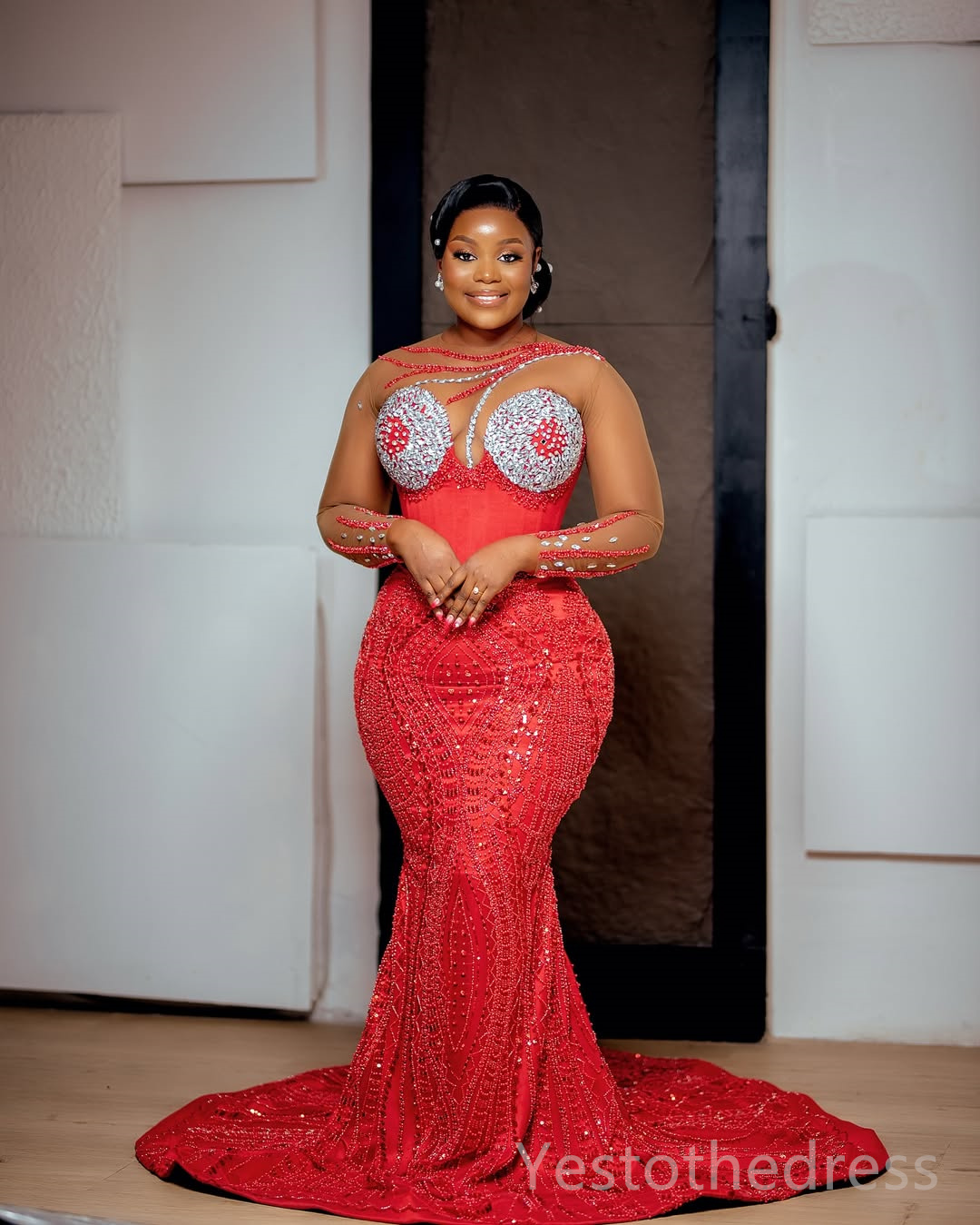 2025 Plus Size Red Aso Ebi Prom Dress Mermaid Prom Dresses Evening Formal Gowns Sheer Neck Long Sleeves Beaded Lace Flora Birthday Dress Second Recept