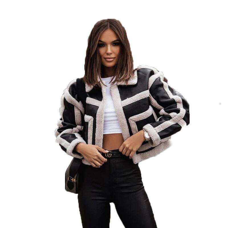 Fashion Women Jacket Autumn Witer Coats Long Sleeve Patchwork Plush Pockets Cardigan Short Coat new Casual Warm Woman Jackets