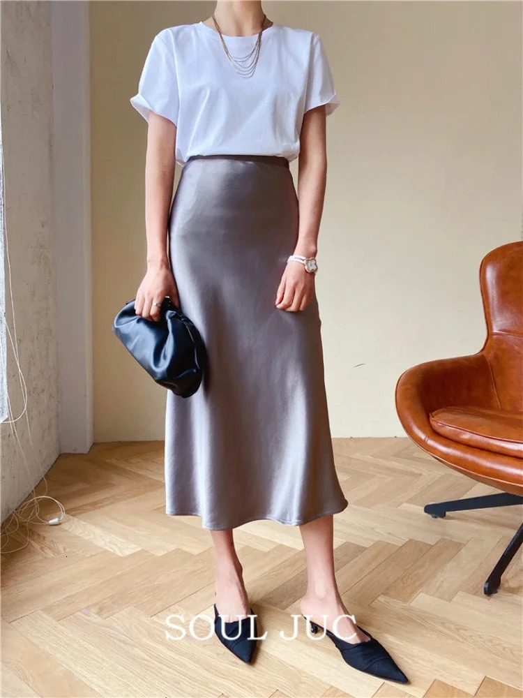 Silk Satin Skirts for Women High Waisted Skirt 2025 Women A-Line Elegant Skirts Summer Pink Midi Skirt Korean Style 250614