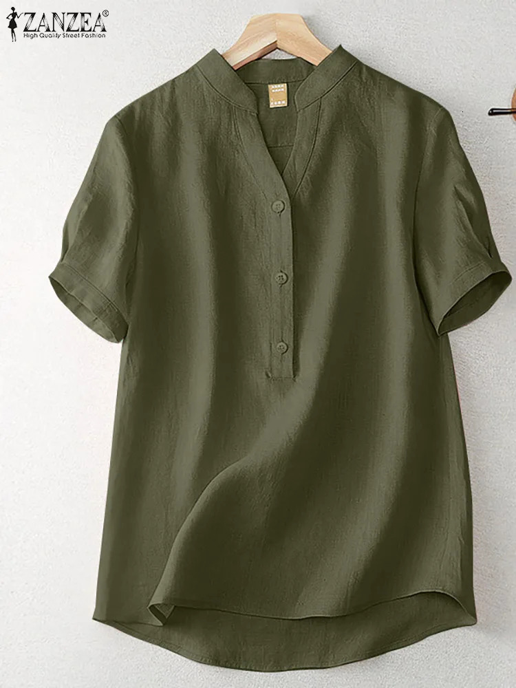ZANZEA Summer Elegant Loose Chemise Cotton Blouse Vintage OL Work Tunic Tops Women Casual Solid Shirt V Neck Short Sleeve Blusas 250614