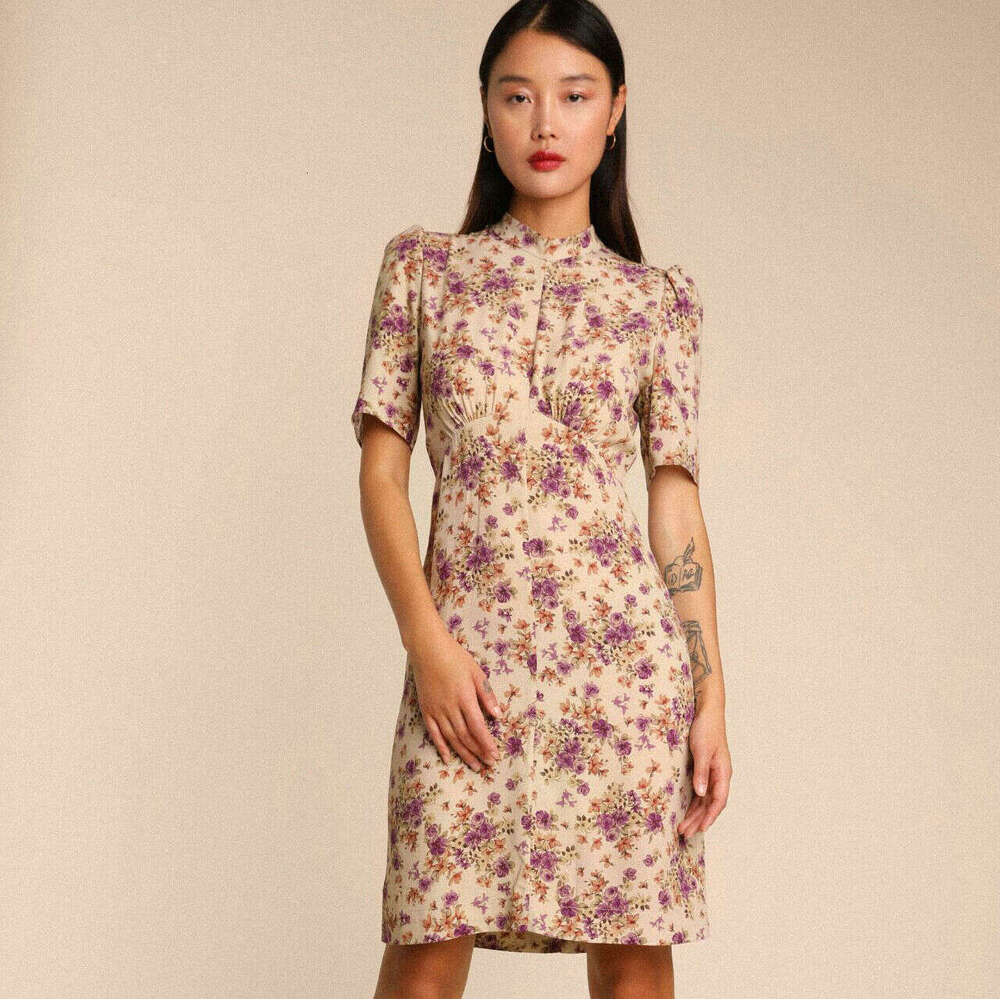 Summer Dress Vestido De Mujer Black Dress N586 Spring Summer 2025 Floral Print Round Neck Pullover Short Sleeve Dress Waist Slimming Women