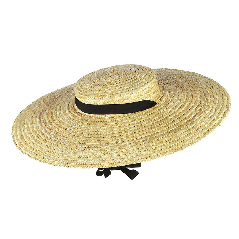 Wide Brim Straw Hat For Women Long Ribbon Ladies Beach Hat Summer Sun Visor Cap Flat Top Large Brim Tie Straw Hat 250616