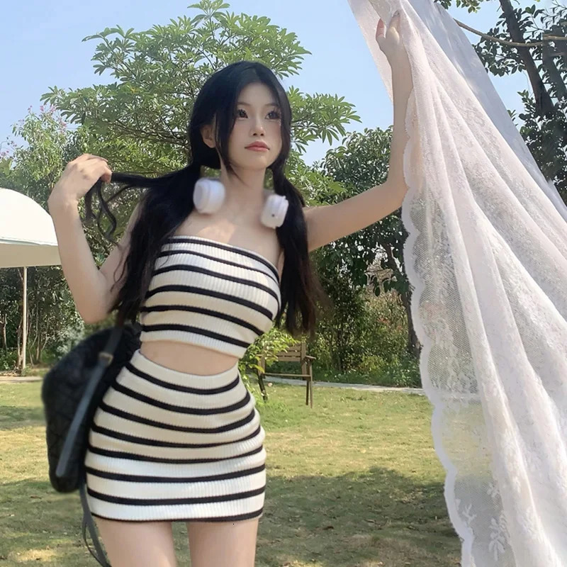 Womens Stripe Top Skirt 2 Piece Outfit Striped Crop Tube Top and High Waisted Short Skirt Set 250616