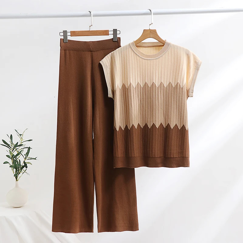 Casual Gradient Summer Knit Pants Sets Women Loungewear 2 Piece Pajama Women Set Knitted Tank Top Two Piece Set For Women 2025 250616