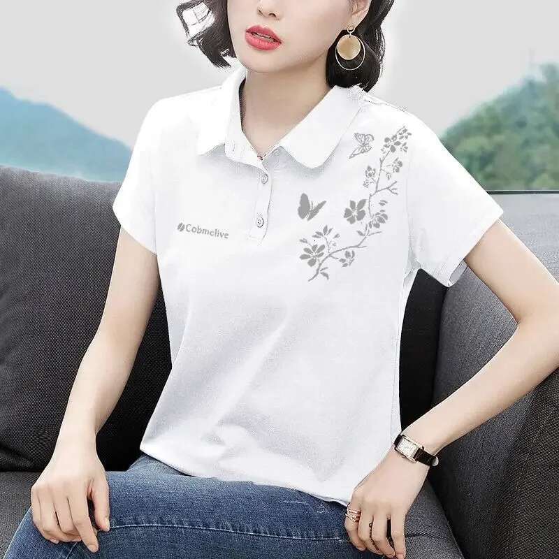 Short Sleeve Polo Neck T Shirt for Women Cotton Woman Tshirt Womens T-shirt Clothing Sales in Trend 2025 Y2k Fashion Youth