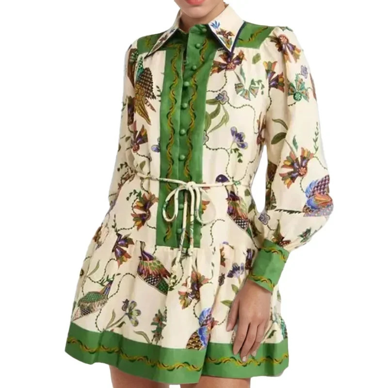 2025 Womens Long Sleeve Pleated Dress Belted Print Collar Cross-Border Fashion Empire Waist Maxi Skirt Style Dress 250616