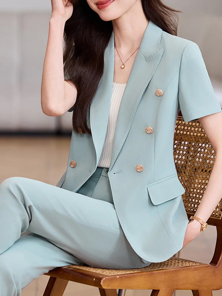 FMZXG All Season Fashion Blazer Women Office Casual Short Sleeve Suits Double Breasted Turn Down Collar Pant 250612