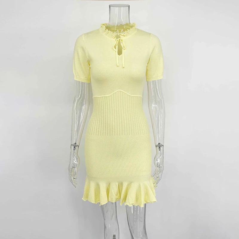 Tornova Knitting Ruffled Mini Dress Womens Hollow Lace Up High Waist Short Sleeve Dress Summer 2025 Evening Party Female Dress 250616