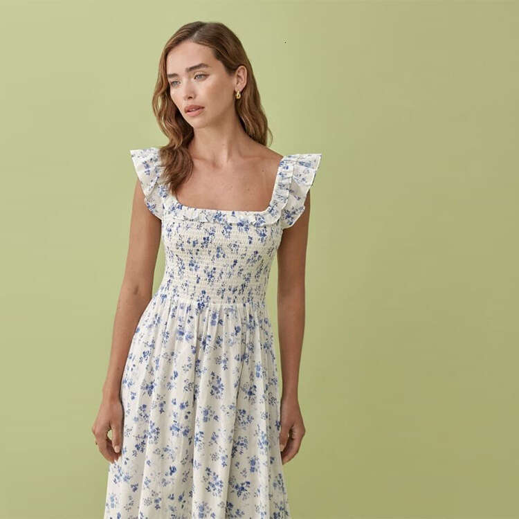 Undefined Dresses for Woman Elegant Calf N668 Summer 2025 Floral Square Neck Stretch Slim Fit Pure Cotton Small Flutter Sleeve Mid-length Dress for Wo