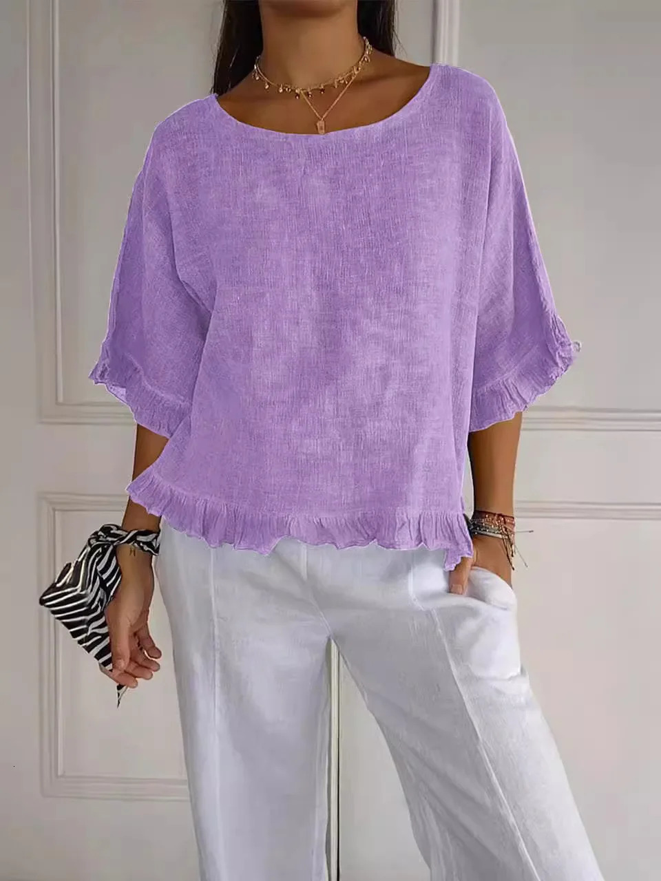 Cotton Blouse Shirts Summer O-Neck Short Sleeve Loose Casual Linen Blouse Tops Summer Cothes For Women Streetwear Blusa 250614