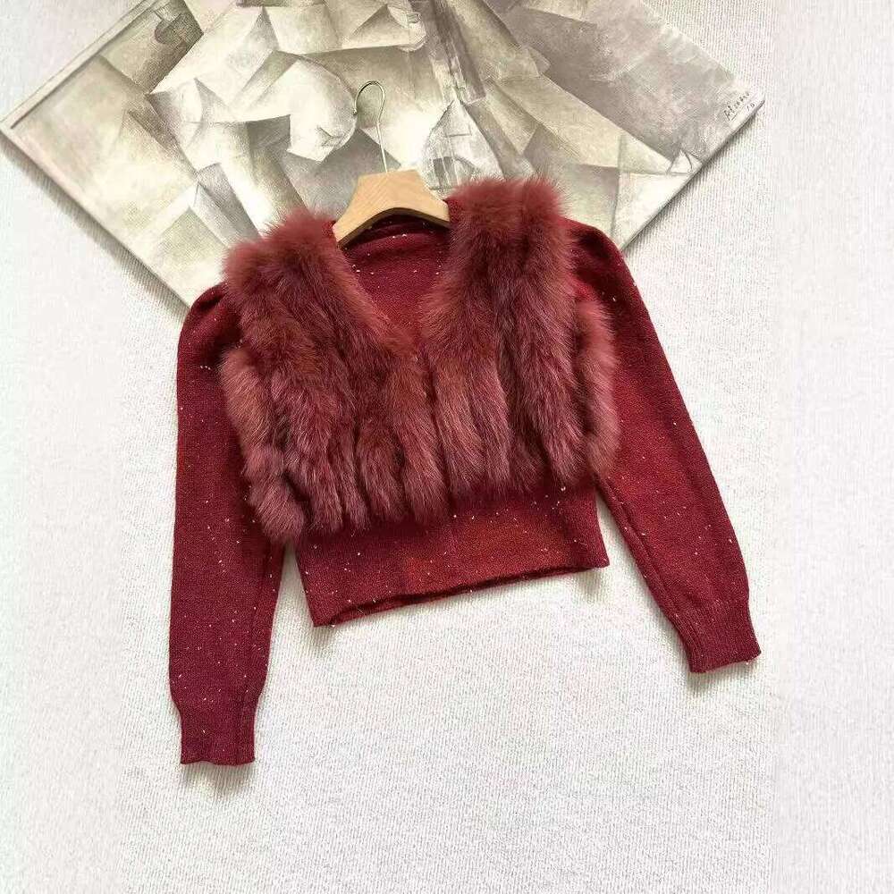 2024 Women Knitted Sweater Coat With Real Fox Fur Loose Long Sleeve V-neck Cardigan Jacket Female Warm Outwear
