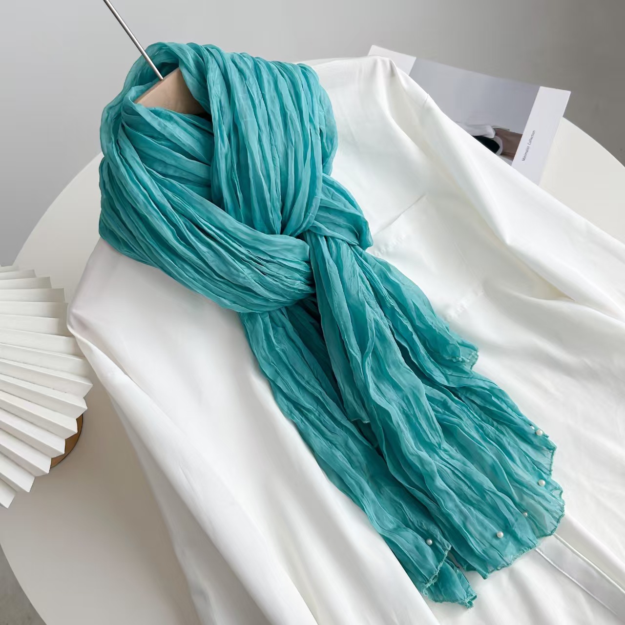 T993 double-layer wrinkled chiffon beaded scarf solid color long pleated shawl spring and summer retro sunscreen silk scarf
