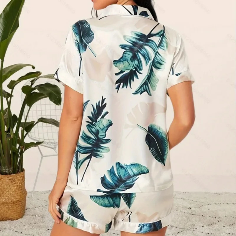 Womens Pajama Two Piece Set Summer Leopard Print Short Sleeve Top Shorts Sleepwear For Women Home Casual Satin Pajama Set 250616