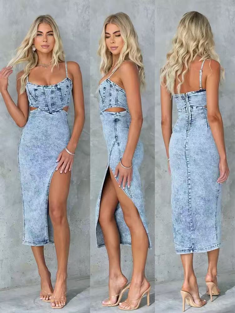Summer classic fashion halter-neck distressed women's sexy style denim dress