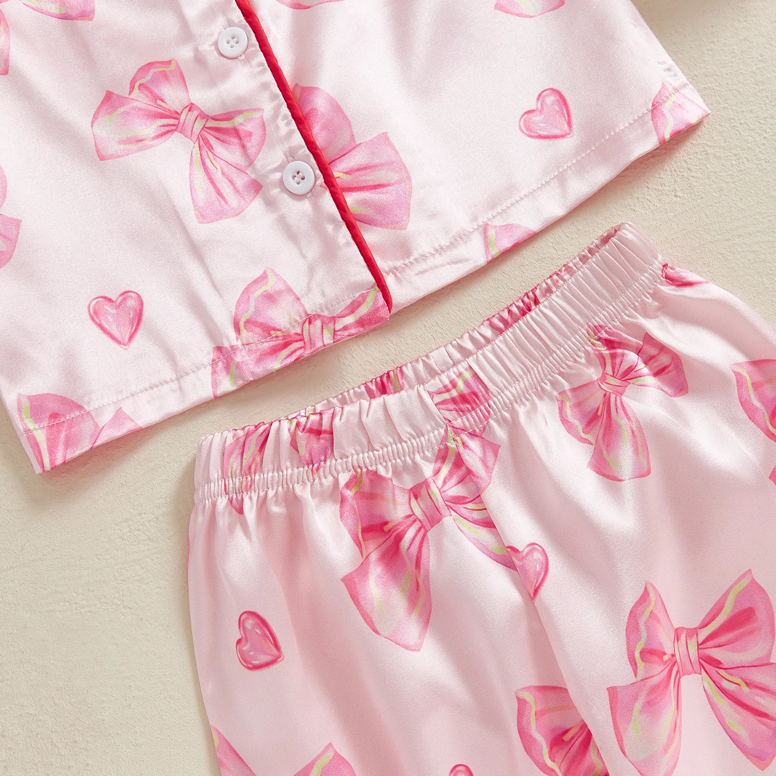 Kid Girl Satin Pajamas Set Bow Print Feather Cuffs Long Sleeve Lapel Button Down Tops with Pants Sleepwear 250617