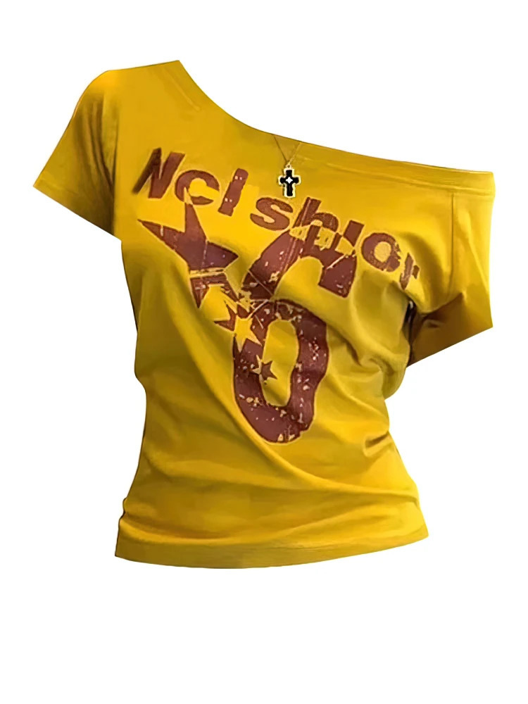 Y2k Sport Summer Off shoulder Top Women Sexy Vintage 2000s Short sleeve T shirt Lady Body Basic Crop Top Female Casual 250617