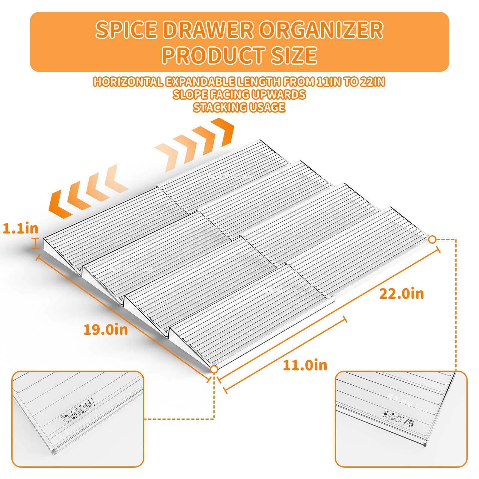 4-Tier Clear Acrylic Spice Drawer Organizer 4-Pack Expandable (11"-22") Rack for Seasoning Bottles Stackable Drawer Insert with Adjustable D