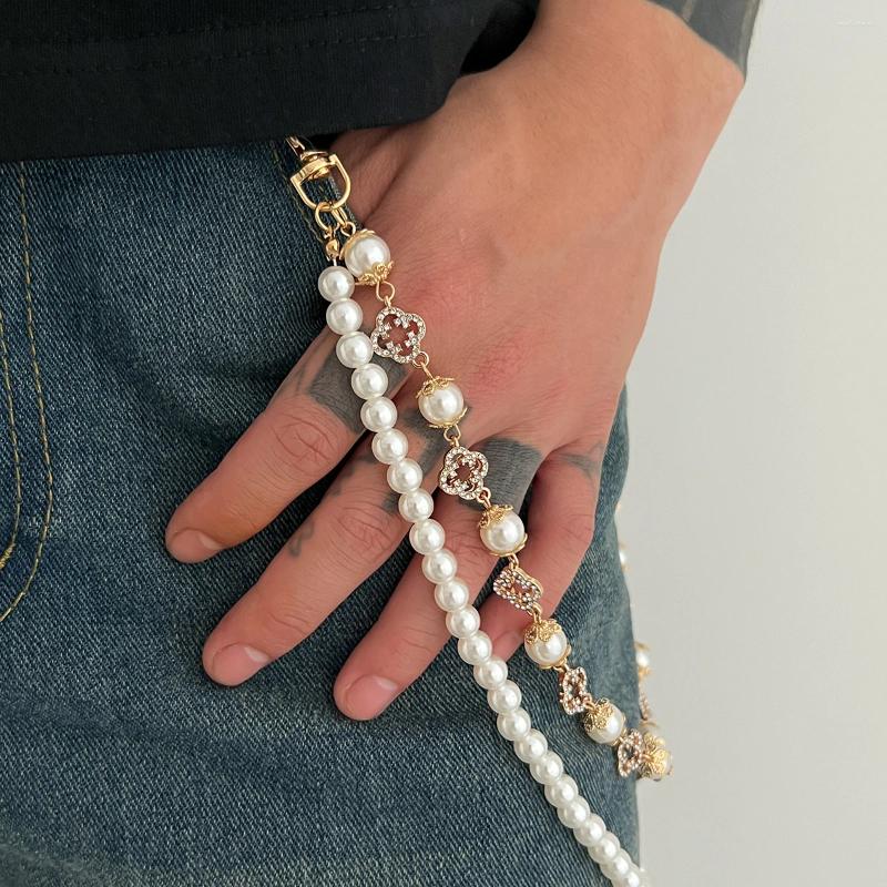 Keychains Ingemark Fashion Imitation Pearl Rhinestone Flower Jeans Pants Chain For Men Vintage Gold Color Wallet Key Hip Hop Jewelry