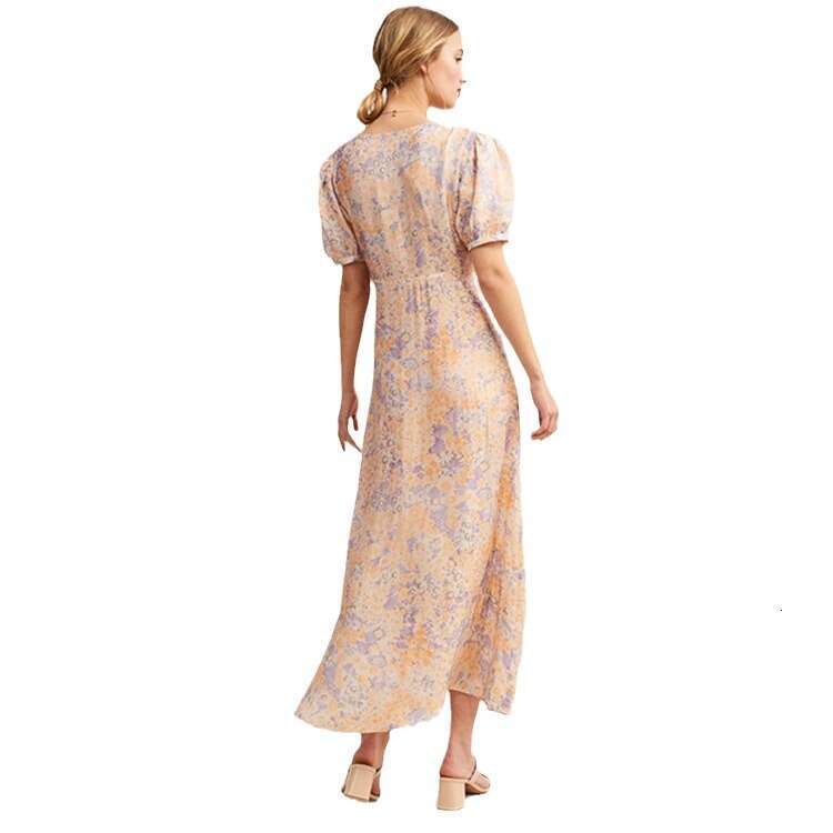Women Designer Clothing Luxury Dress Devise Long Dress N094 Wanwan Same Style Fresh Small Floral Dress Rayon Short Sleeve V-neck Mid-length Loose Sati