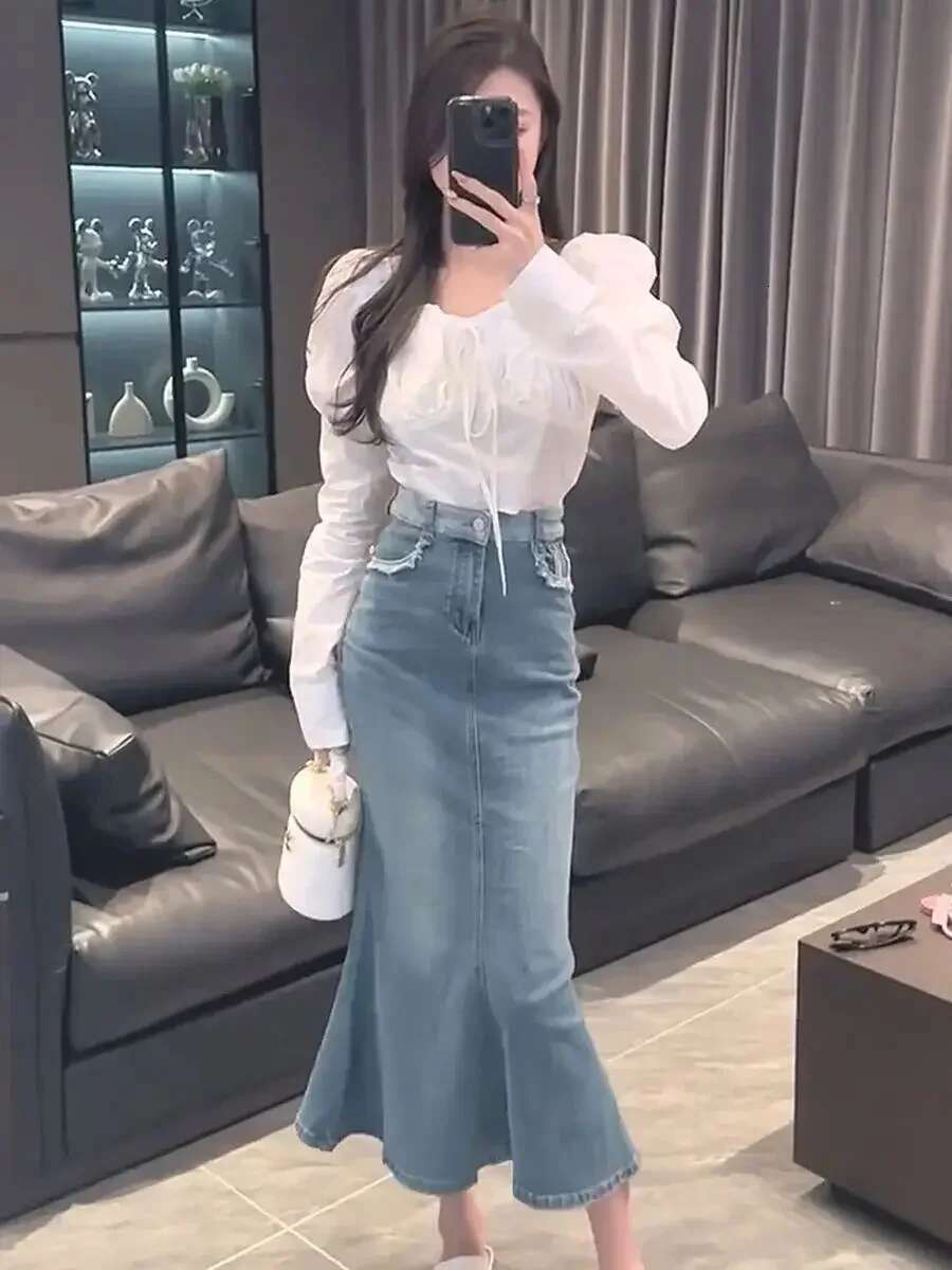 High Waist with Strings Gyaru Jeans Skirts for Women Blue Clothing Sales Summer 2025 Y2k Vintage Modest Trend Woman Denim Skirt