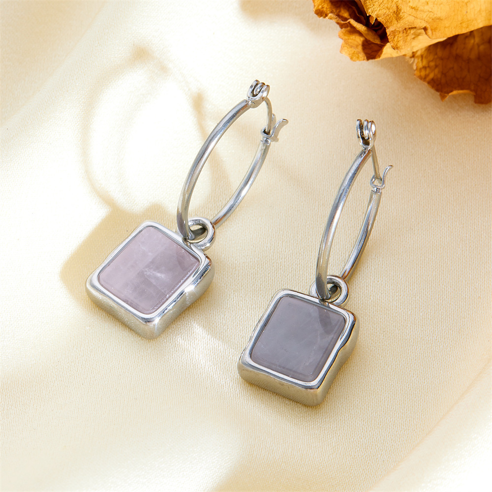Fashion Light Style Simple Elegant Versatile Square Natural Stone Earrings for Women Niche Titanium Steel Non-Fading Ear Jewelry